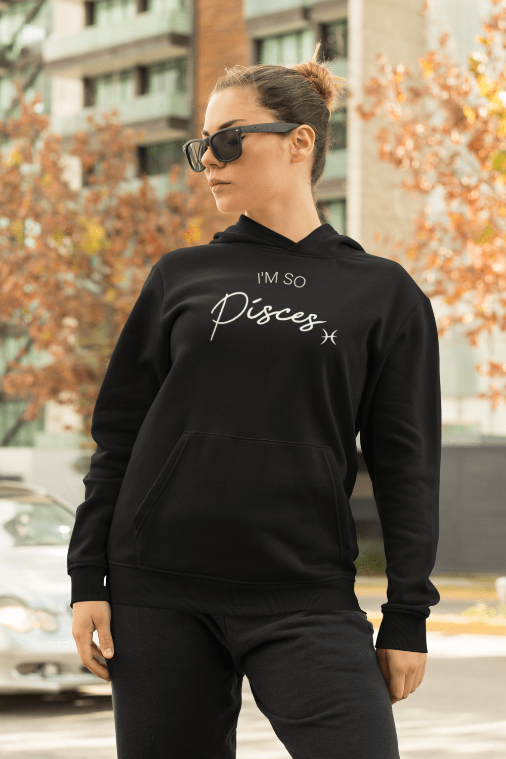 I'm So Pisces Mockup Woman w Shades Black Hoodie