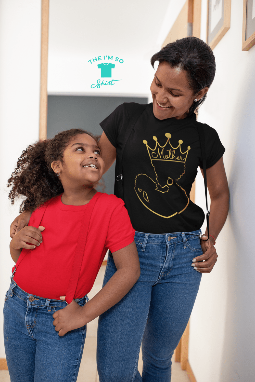 Mother's Day Mockup Black Short Sleeve T with Daughter Standing